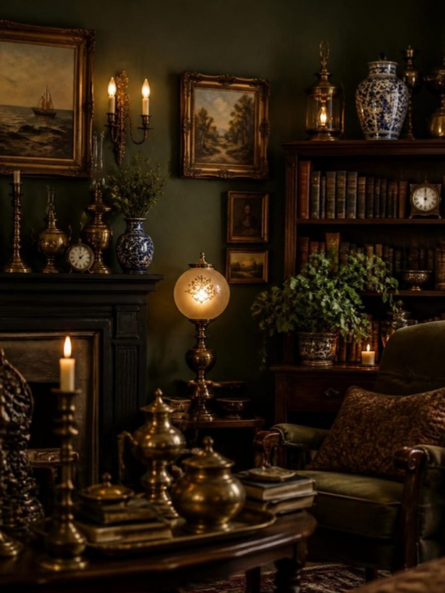 A period living-room set dressed with oil paintings, brass objects, books and candlelight