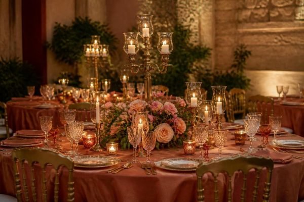 Wedding reception tables dressed with brass candelabras, blush roses, crystal glasses and terracotta linen