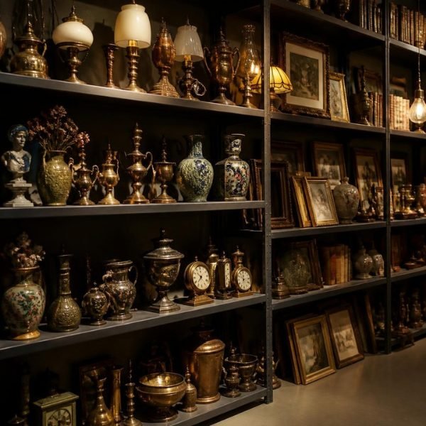 Shelves in the Propera prop studio holding brass lamps, vases, clocks and framed art